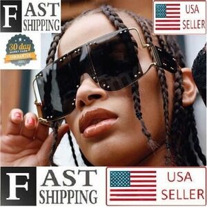 Oversized Shield Sunglasses Gold Studded Accents Fashion Statement Shades Lentes